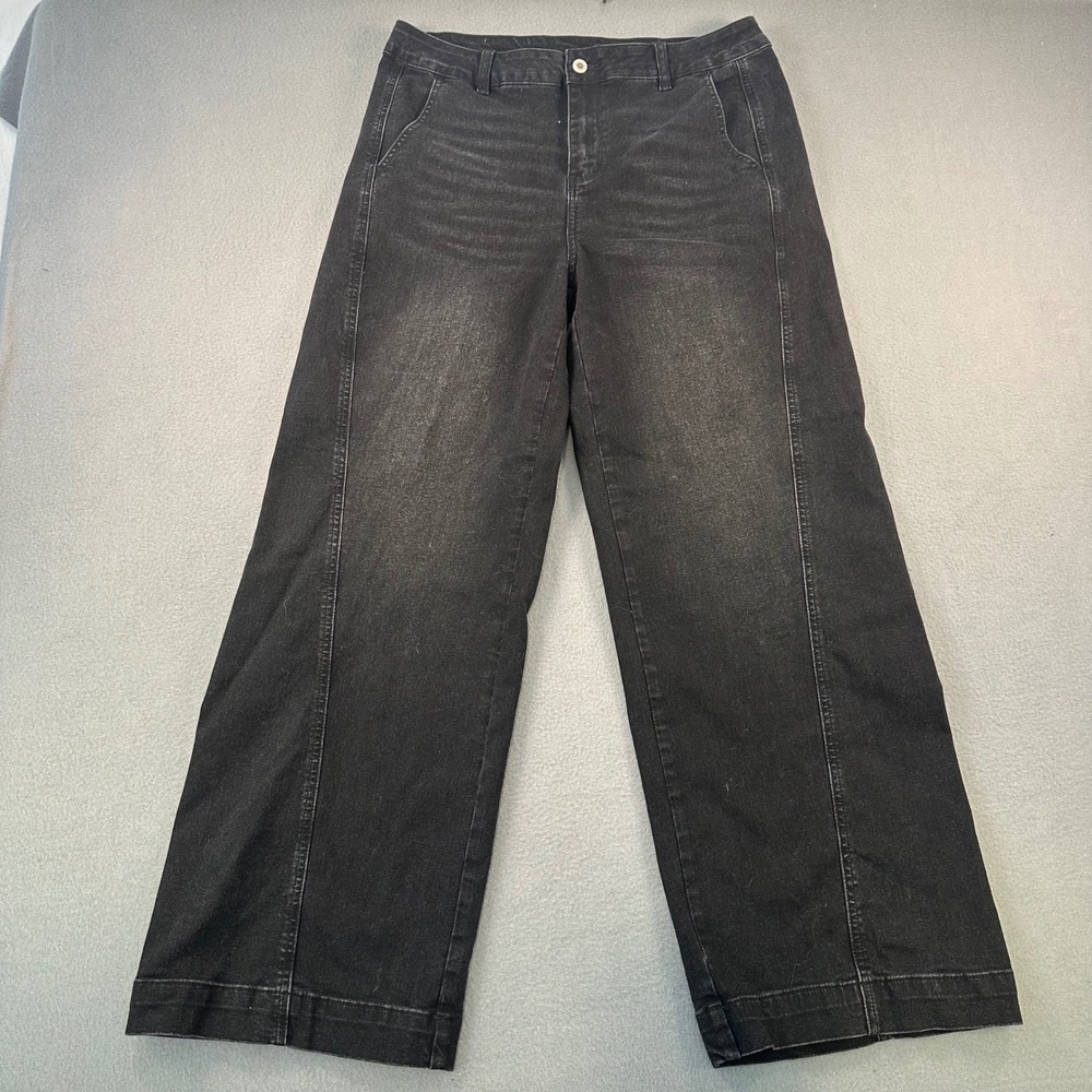 Sidefeel Womens Wide Leg Jeans Faded Black High Rise Stretch Denim Size 14
